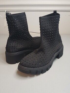 Black Sparkle Knit Pull On Lug Sole Ankle Sock Boots 10M New!